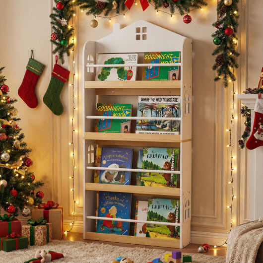House-Shaped Kids Bookshelf with Anti-falling Baffles-White